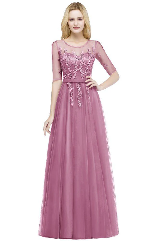 A-line Floor Length Appliques Tulle Bridesmaid Dress Half Sleeve Evening Dress - Image 3