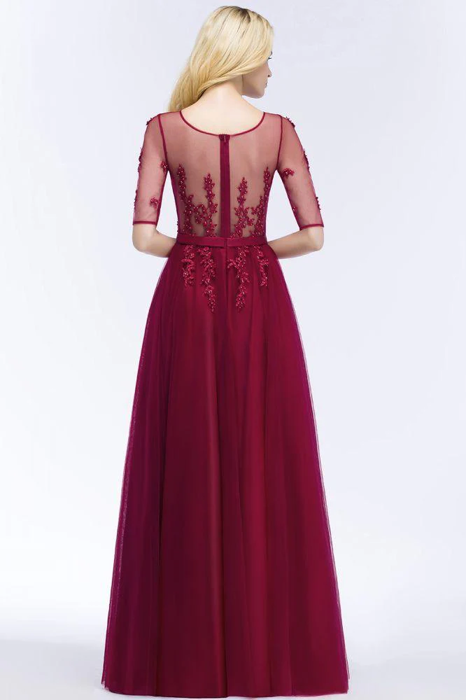 A-line Floor Length Appliques Tulle Bridesmaid Dress Half Sleeve Evening Dress - Image 6