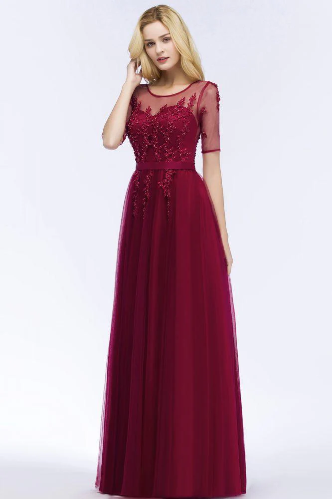 A-line Floor Length Appliques Tulle Bridesmaid Dress Half Sleeve Evening Dress - Image 7