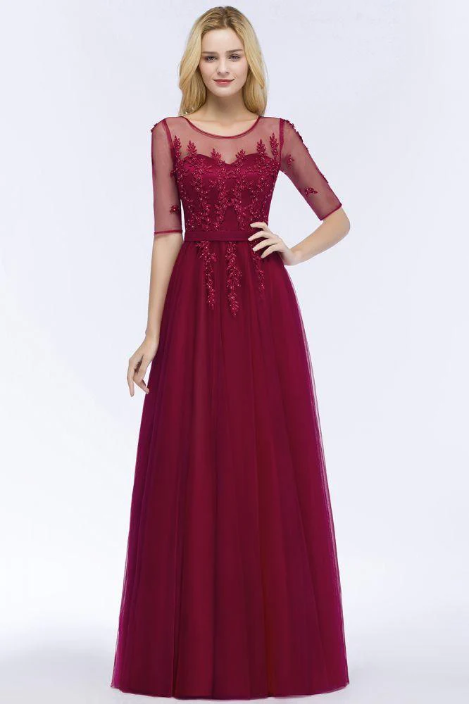 A-line Floor Length Appliques Tulle Bridesmaid Dress Half Sleeve Evening Dress - Image 8