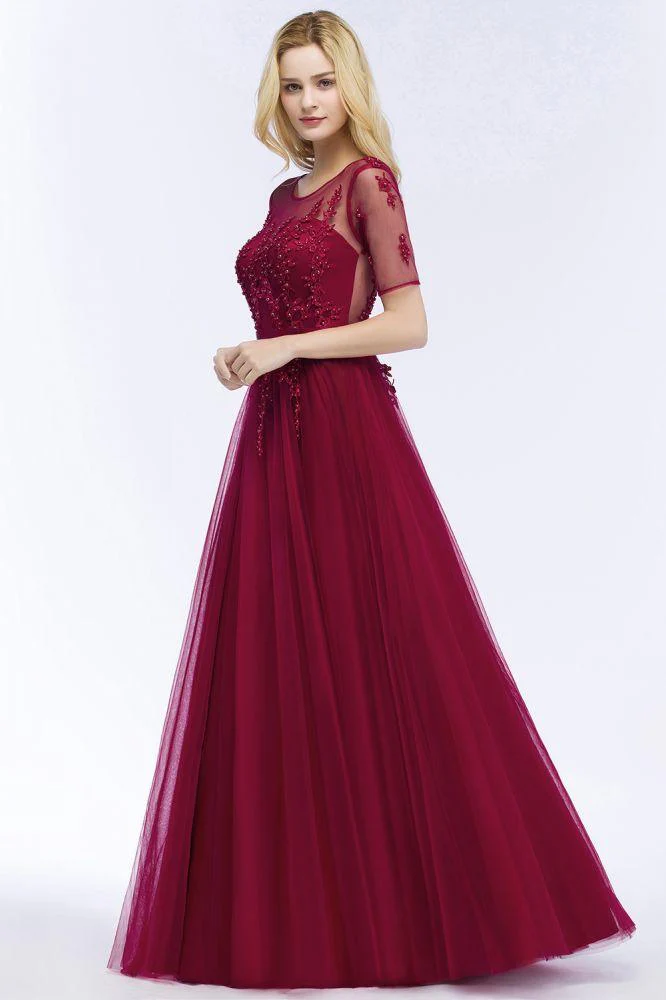 A-line Floor Length Appliques Tulle Bridesmaid Dress Half Sleeve Evening Dress - Image 9