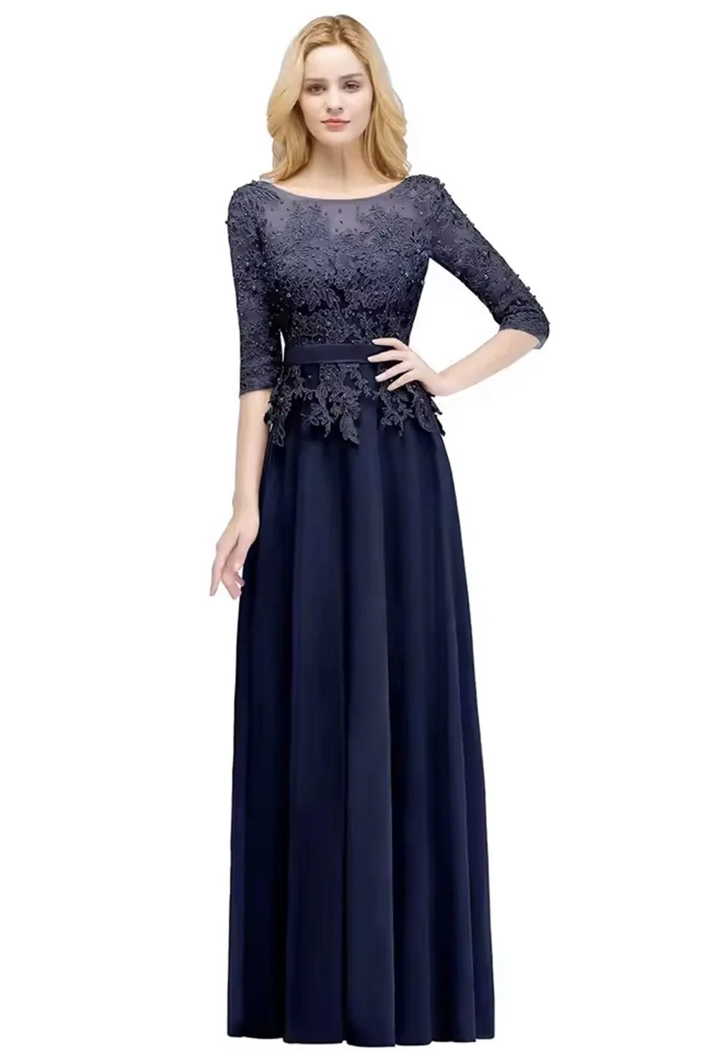 Numbersea A-line Floor Length Half Sleeves Appliques Bridesmaid Dresses with Sash - Image 10