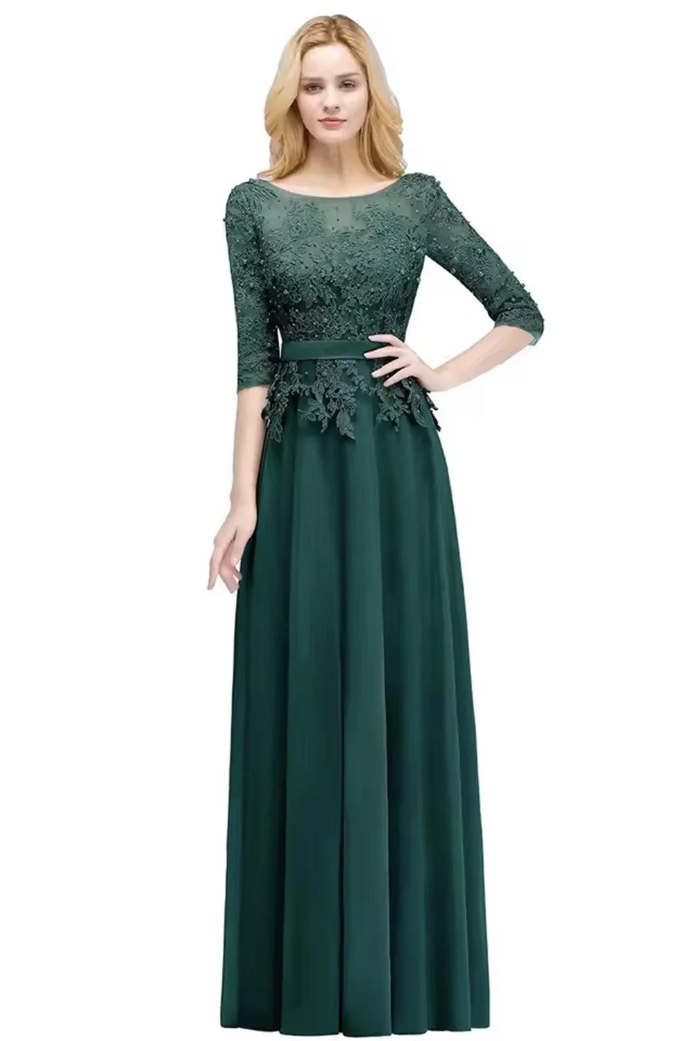 Numbersea A-line Floor Length Half Sleeves Appliques Bridesmaid Dresses with Sash - Image 8