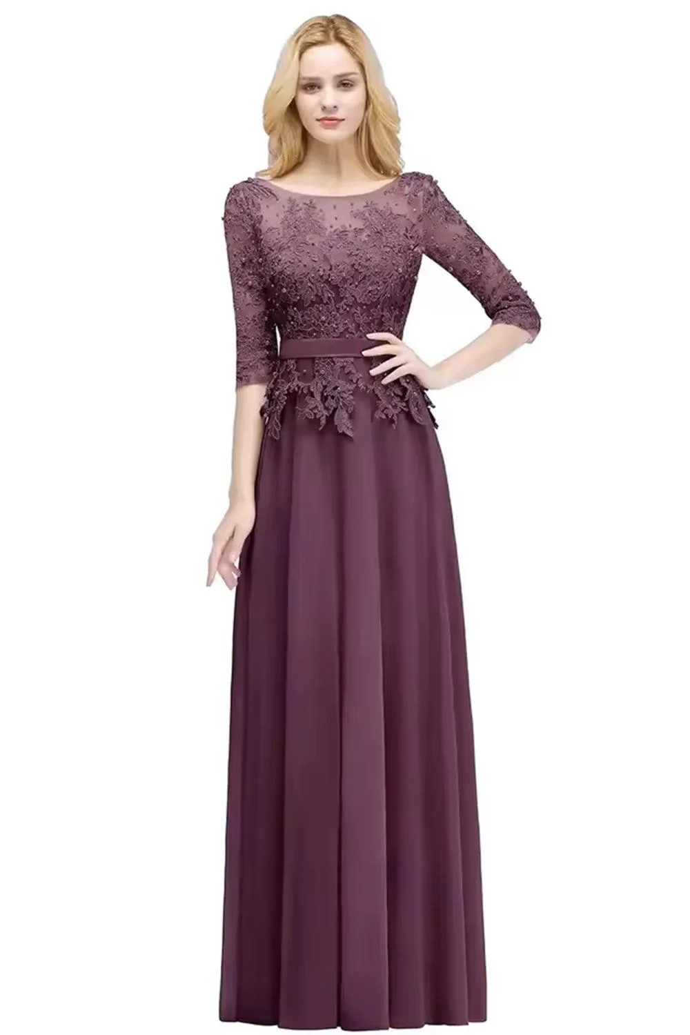 Numbersea A-line Floor Length Half Sleeves Appliques Bridesmaid Dresses with Sash - Image 9