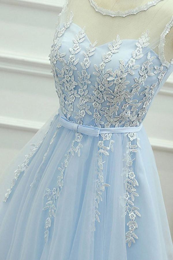 A-Line Jewel Short Blue Tulle Homecoming Dress with Sash Appliques - Image 3