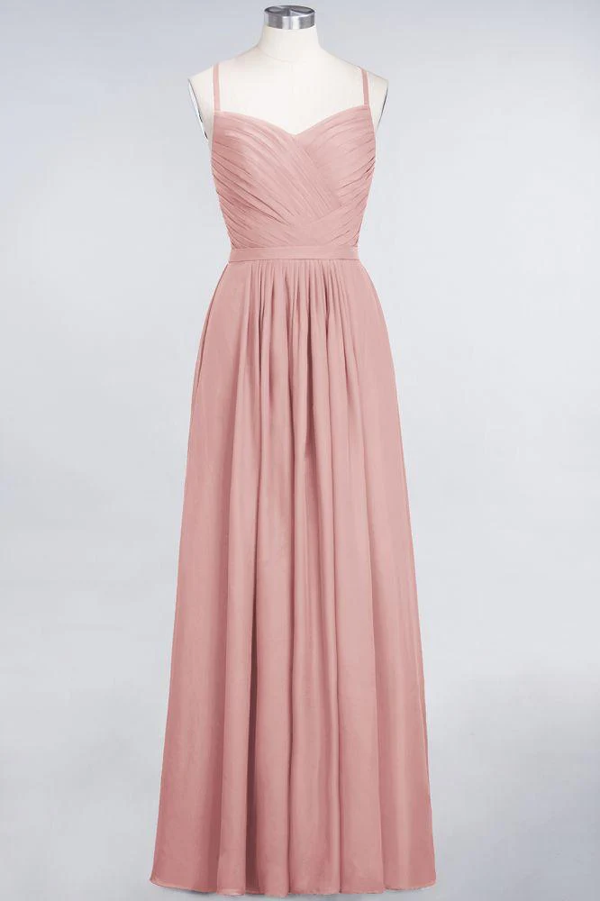 A-Line Spaghetti-Straps Sweetheart Sleeveless Bridesmaid Dress Ruffles Chiffon Evening Maxi Gown - Image 13