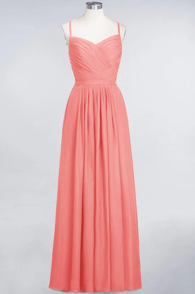 A-Line Spaghetti-Straps Sweetheart Sleeveless Bridesmaid Dress Ruffles Chiffon Evening Maxi Gown - Image 14
