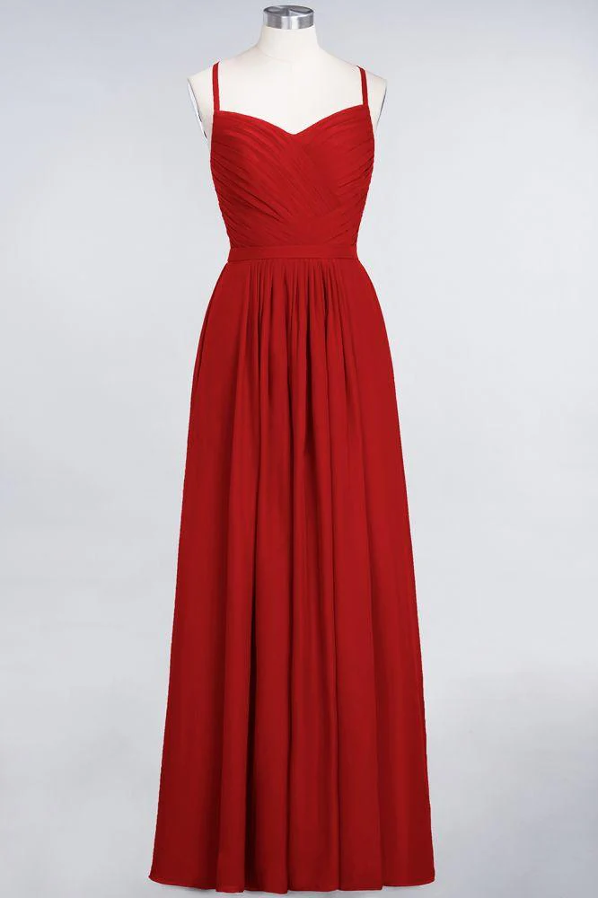 A-Line Spaghetti-Straps Sweetheart Sleeveless Bridesmaid Dress Ruffles Chiffon Evening Maxi Gown - Image 15