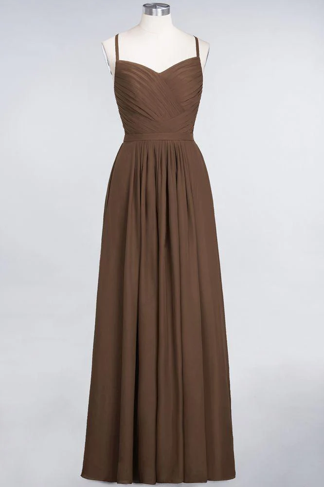 A-Line Spaghetti-Straps Sweetheart Sleeveless Bridesmaid Dress Ruffles Chiffon Evening Maxi Gown - Image 19