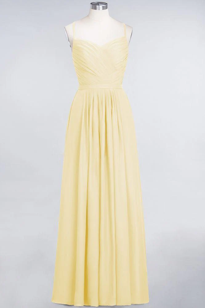 A-Line Spaghetti-Straps Sweetheart Sleeveless Bridesmaid Dress Ruffles Chiffon Evening Maxi Gown - Image 24