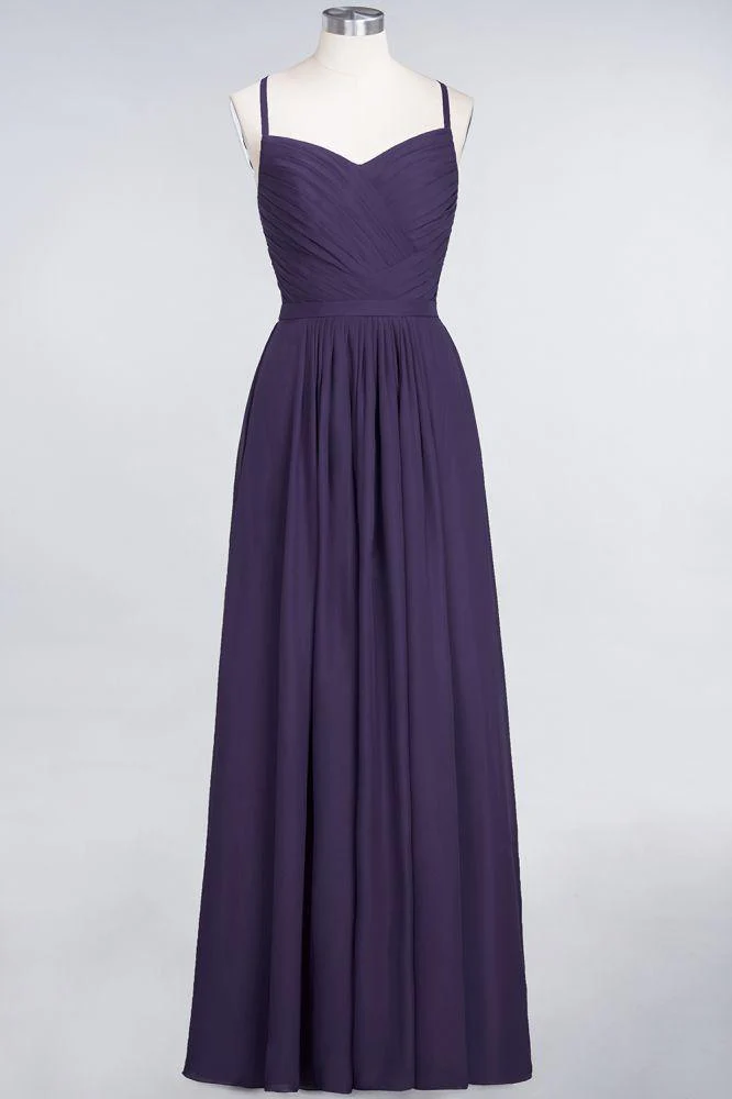 A-Line Spaghetti-Straps Sweetheart Sleeveless Bridesmaid Dress Ruffles Chiffon Evening Maxi Gown - Image 25