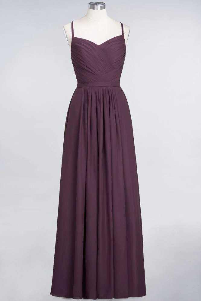 A-Line Spaghetti-Straps Sweetheart Sleeveless Bridesmaid Dress Ruffles Chiffon Evening Maxi Gown - Image 26