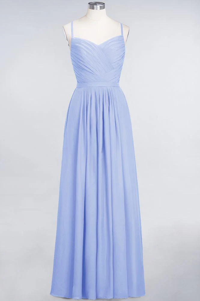 A-Line Spaghetti-Straps Sweetheart Sleeveless Bridesmaid Dress Ruffles Chiffon Evening Maxi Gown - Image 28