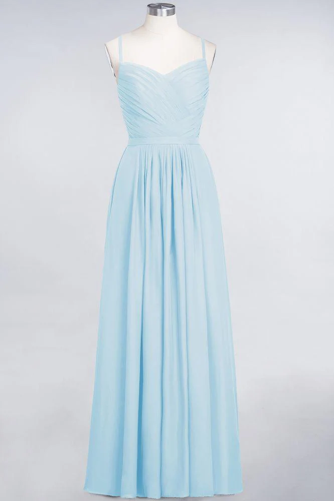 A-Line Spaghetti-Straps Sweetheart Sleeveless Bridesmaid Dress Ruffles Chiffon Evening Maxi Gown - Image 29