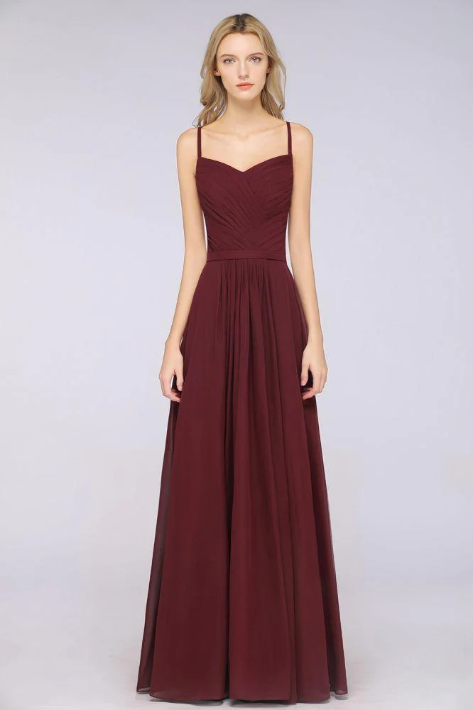A-Line Spaghetti-Straps Sweetheart Sleeveless Bridesmaid Dress Ruffles Chiffon Evening Maxi Gown - Image 3