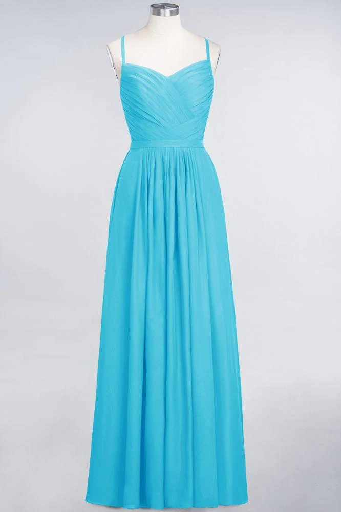 A-Line Spaghetti-Straps Sweetheart Sleeveless Bridesmaid Dress Ruffles Chiffon Evening Maxi Gown - Image 30