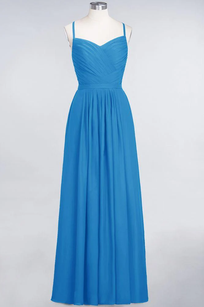 A-Line Spaghetti-Straps Sweetheart Sleeveless Bridesmaid Dress Ruffles Chiffon Evening Maxi Gown - Image 31