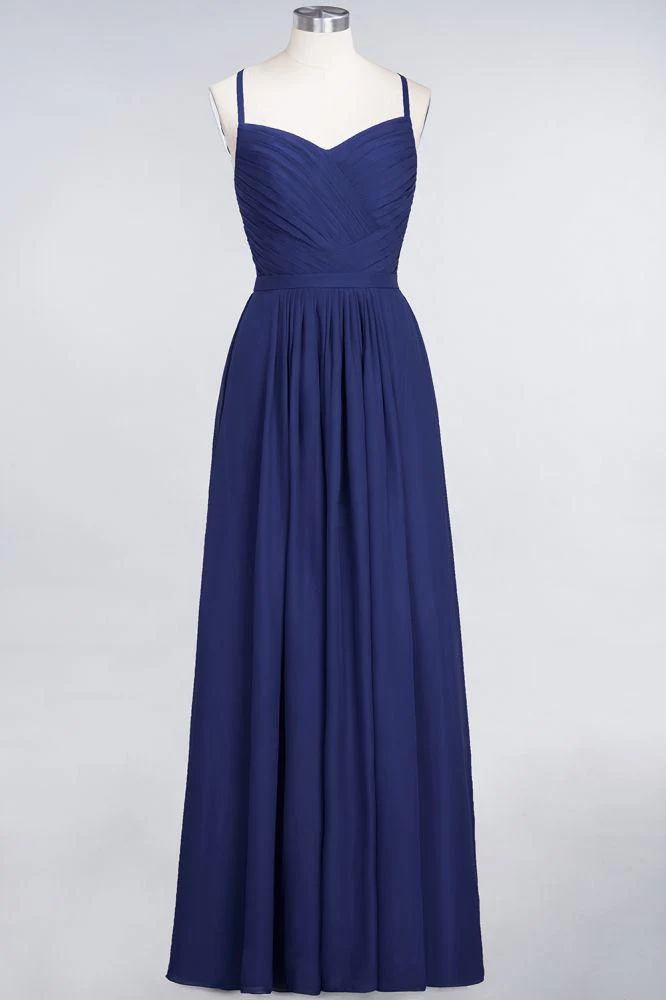 A-Line Spaghetti-Straps Sweetheart Sleeveless Bridesmaid Dress Ruffles Chiffon Evening Maxi Gown - Image 32