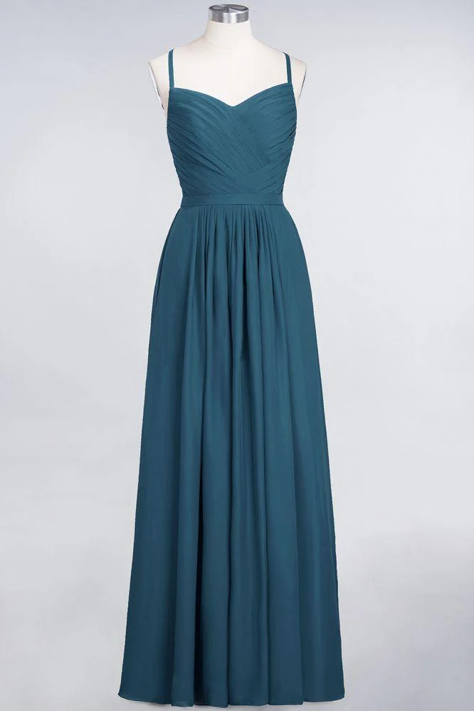 A-Line Spaghetti-Straps Sweetheart Sleeveless Bridesmaid Dress Ruffles Chiffon Evening Maxi Gown - Image 33