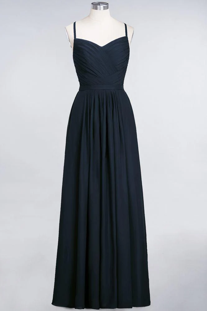 A-Line Spaghetti-Straps Sweetheart Sleeveless Bridesmaid Dress Ruffles Chiffon Evening Maxi Gown - Image 34