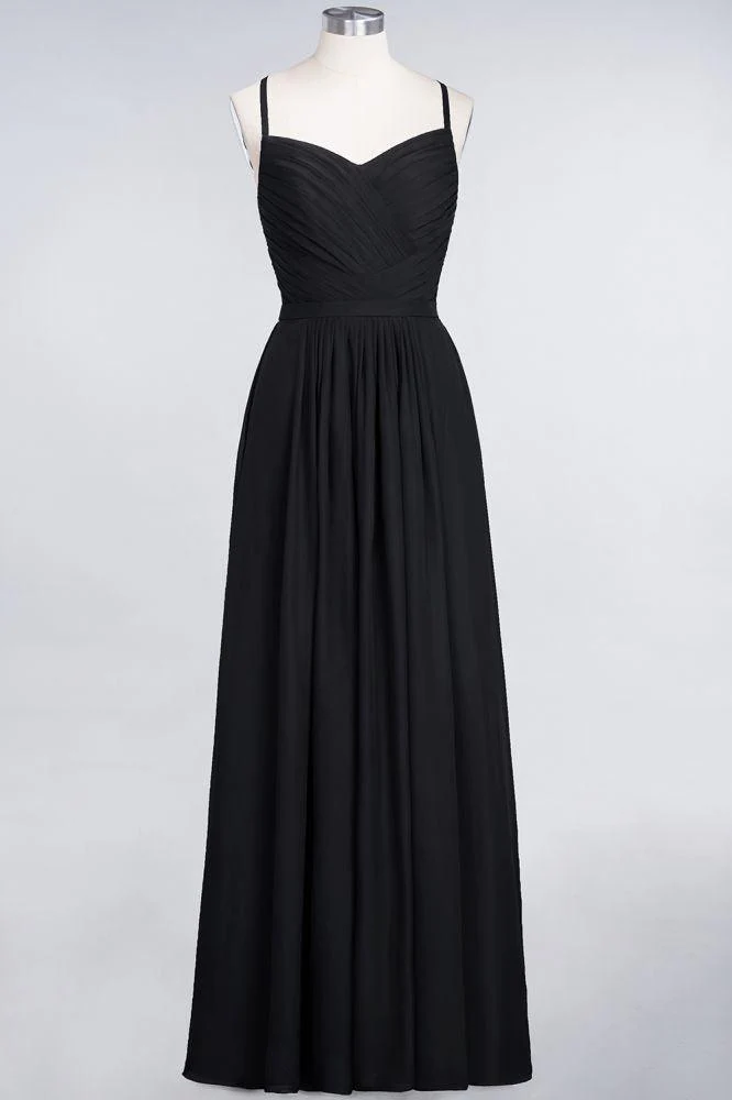 A-Line Spaghetti-Straps Sweetheart Sleeveless Bridesmaid Dress Ruffles Chiffon Evening Maxi Gown - Image 35