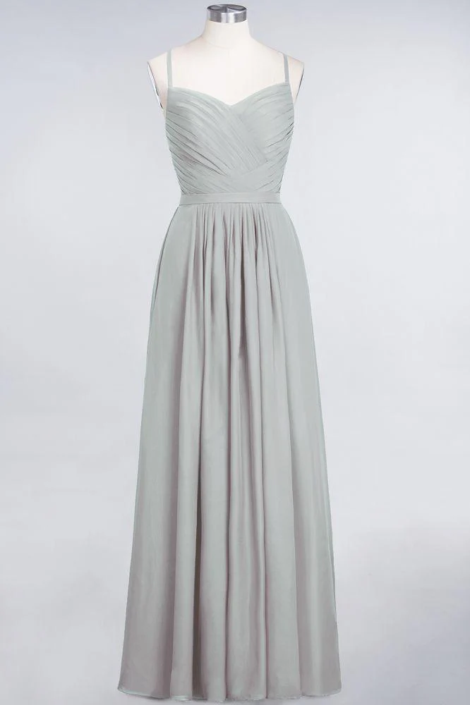 A-Line Spaghetti-Straps Sweetheart Sleeveless Bridesmaid Dress Ruffles Chiffon Evening Maxi Gown - Image 36