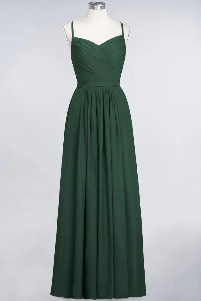 A-Line Spaghetti-Straps Sweetheart Sleeveless Bridesmaid Dress Ruffles Chiffon Evening Maxi Gown - Image 37