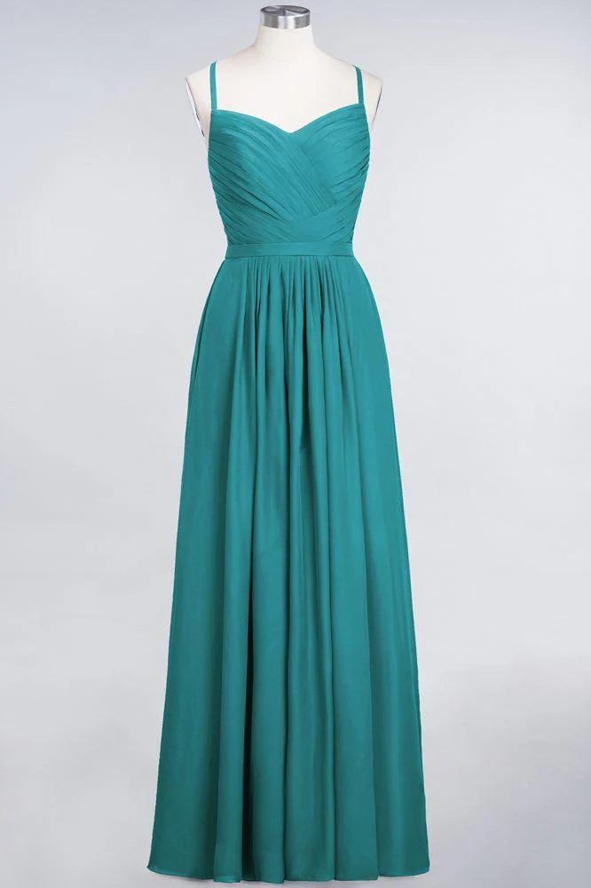 A-Line Spaghetti-Straps Sweetheart Sleeveless Bridesmaid Dress Ruffles Chiffon Evening Maxi Gown - Image 38