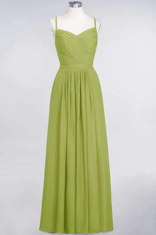 A-Line Spaghetti-Straps Sweetheart Sleeveless Bridesmaid Dress Ruffles Chiffon Evening Maxi Gown - Image 39