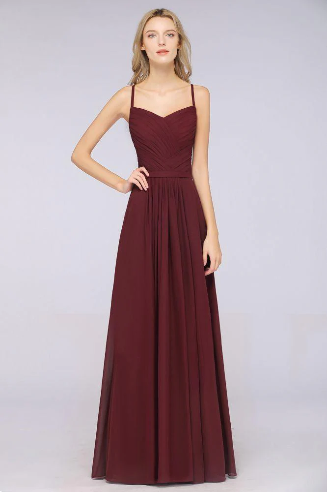 A-Line Spaghetti-Straps Sweetheart Sleeveless Bridesmaid Dress Ruffles Chiffon Evening Maxi Gown - Image 4