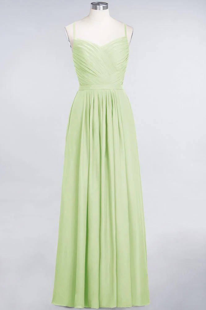A-Line Spaghetti-Straps Sweetheart Sleeveless Bridesmaid Dress Ruffles Chiffon Evening Maxi Gown - Image 40