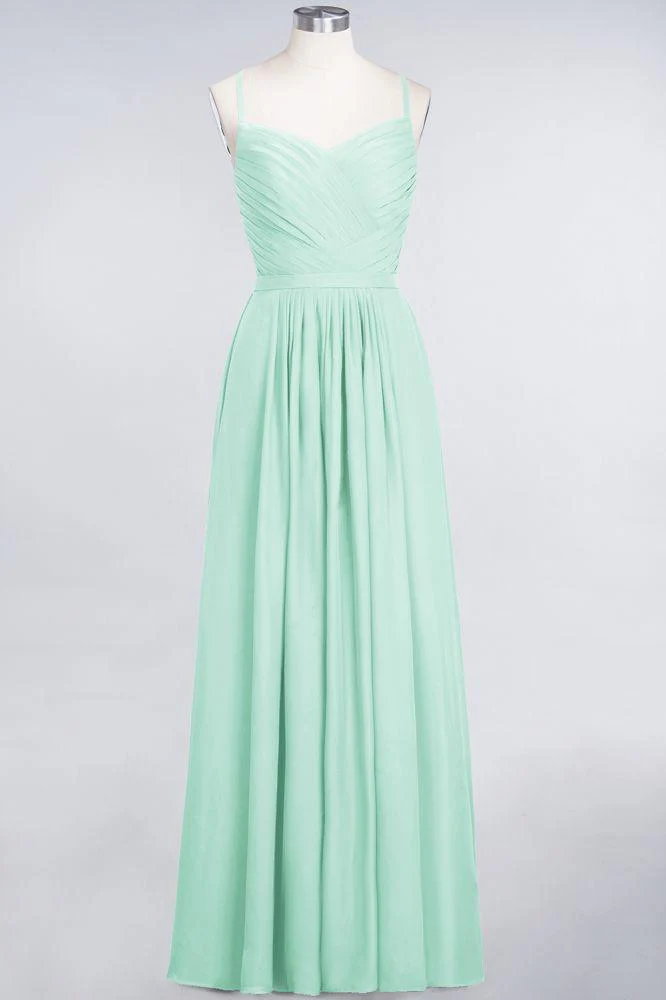 A-Line Spaghetti-Straps Sweetheart Sleeveless Bridesmaid Dress Ruffles Chiffon Evening Maxi Gown - Image 41