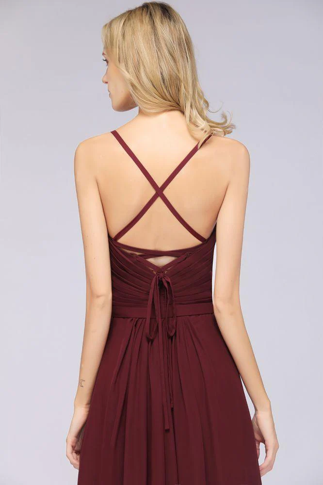 A-Line Spaghetti-Straps Sweetheart Sleeveless Bridesmaid Dress Ruffles Chiffon Evening Maxi Gown - Image 42