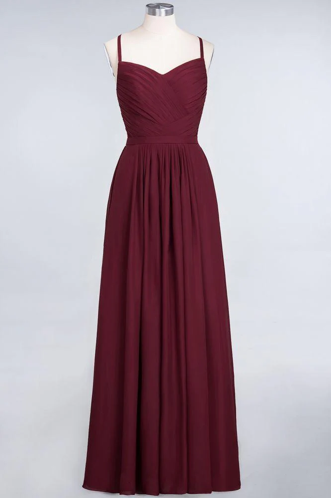 A-Line Spaghetti-Straps Sweetheart Sleeveless Bridesmaid Dress Ruffles Chiffon Evening Maxi Gown - Image 43