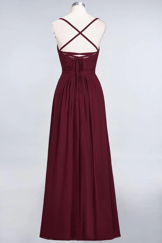 A-Line Spaghetti-Straps Sweetheart Sleeveless Bridesmaid Dress Ruffles Chiffon Evening Maxi Gown - Image 44