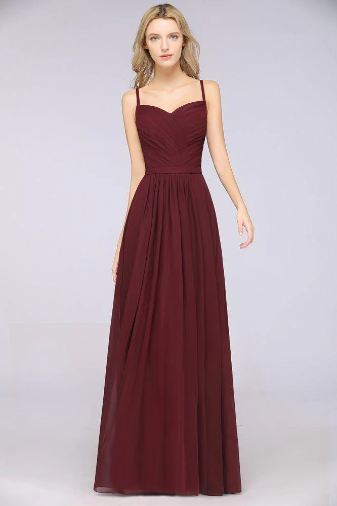 A-Line Spaghetti-Straps Sweetheart Sleeveless Bridesmaid Dress Ruffles Chiffon Evening Maxi Gown - Image 5
