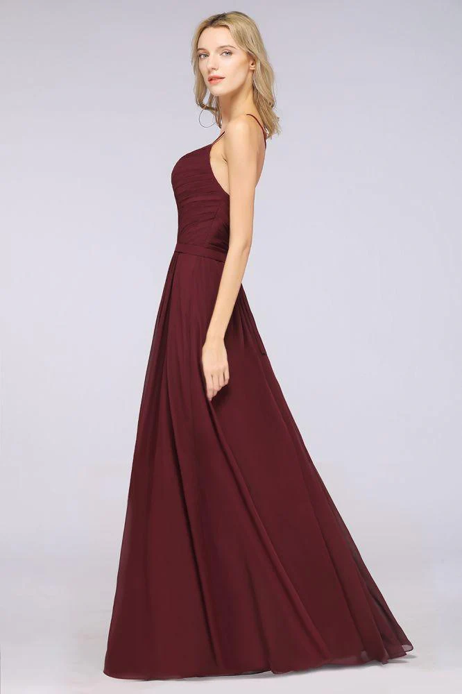 A-Line Spaghetti-Straps Sweetheart Sleeveless Bridesmaid Dress Ruffles Chiffon Evening Maxi Gown - Image 6