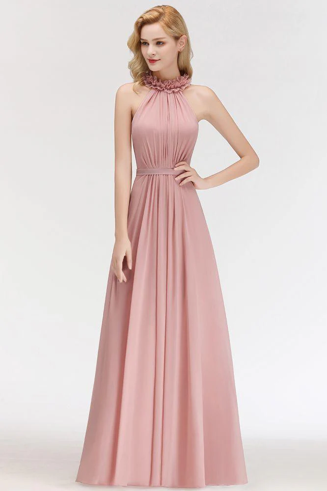 Charming Halter Sleeveless Ruffled Chiffon Bridesmaid Dresses Aline Evening Maxi Gown - Image 3