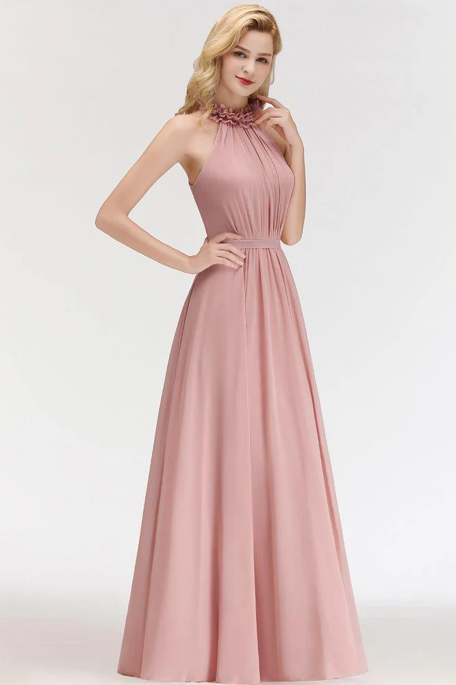 Charming Halter Sleeveless Ruffled Chiffon Bridesmaid Dresses Aline Evening Maxi Gown - Image 4