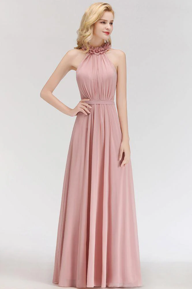Charming Halter Sleeveless Ruffled Chiffon Bridesmaid Dresses Aline Evening Maxi Gown - Image 5