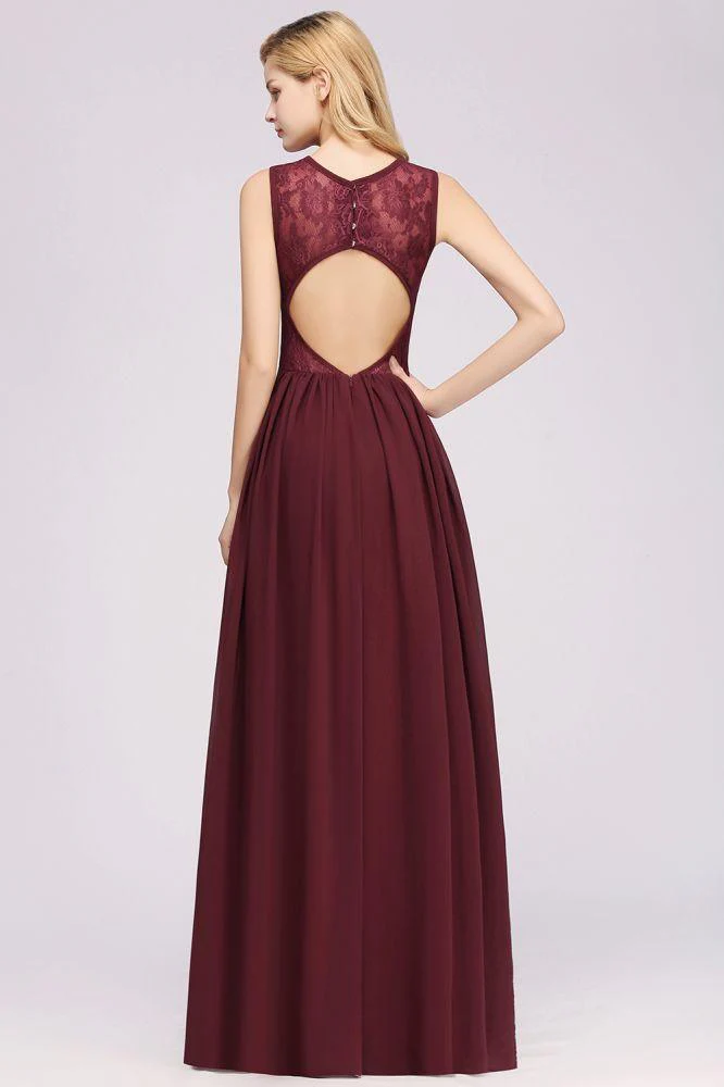Elegant A-line Lace Sleeveless Bridesmaid Dresses Chiffon Jewel Ruffles Floor-Length Evening Dress with Appliques - Image 3