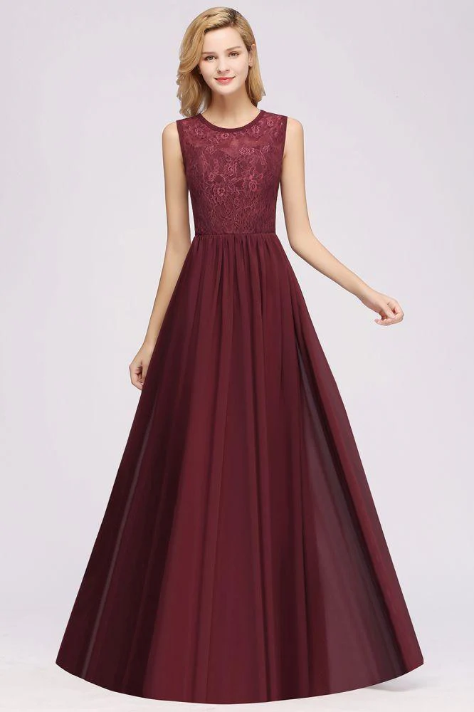 Elegant A-line Lace Sleeveless Bridesmaid Dresses Chiffon Jewel Ruffles Floor-Length Evening Dress with Appliques - Image 4