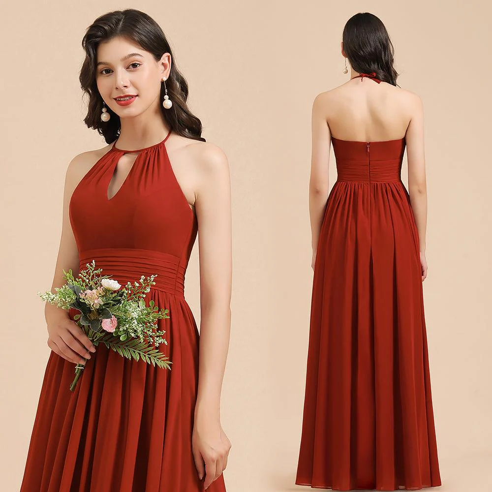 Elegant Halter Aline Chiffon Bridesmaid Dress Sleeveless Floor Length Wedding Party Dress - Image 10