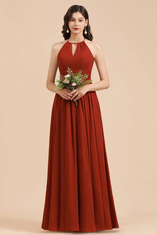 Elegant Halter Aline Chiffon Bridesmaid Dress Sleeveless Floor Length Wedding Party Dress - Image 4