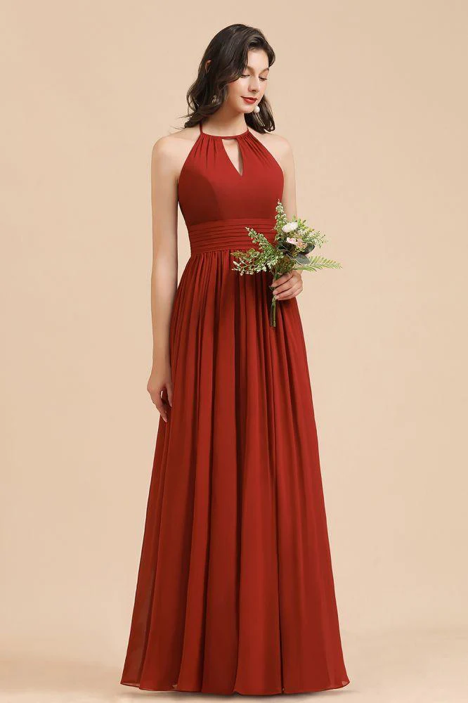 Elegant Halter Aline Chiffon Bridesmaid Dress Sleeveless Floor Length Wedding Party Dress - Image 5