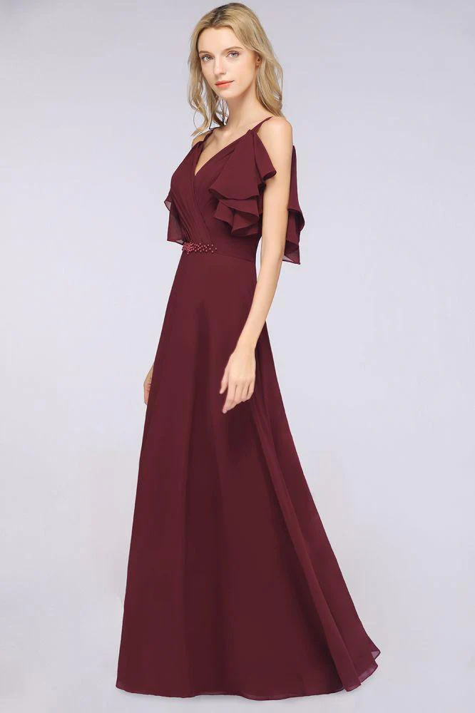 Elgant Ruffles Chiffon Floor-Length Bridesmaid Dress Aline Pearls Sleeveless Wedding Party Dress - Image 3