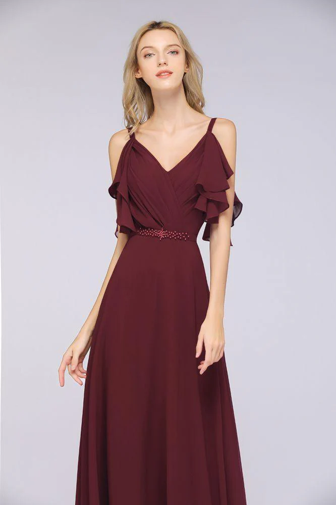 Elgant Ruffles Chiffon Floor-Length Bridesmaid Dress Aline Pearls Sleeveless Wedding Party Dress - Image 5