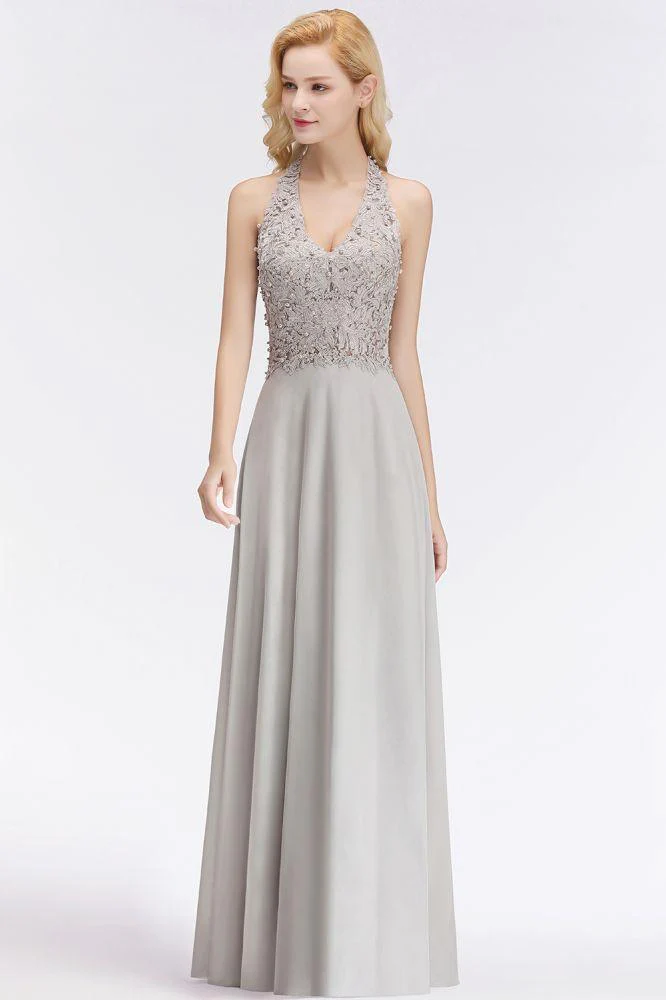 Halter Sleeveless Floral Appliques Evening Party Dress Aline Floor Length Bridesmaid Dress - Image 11