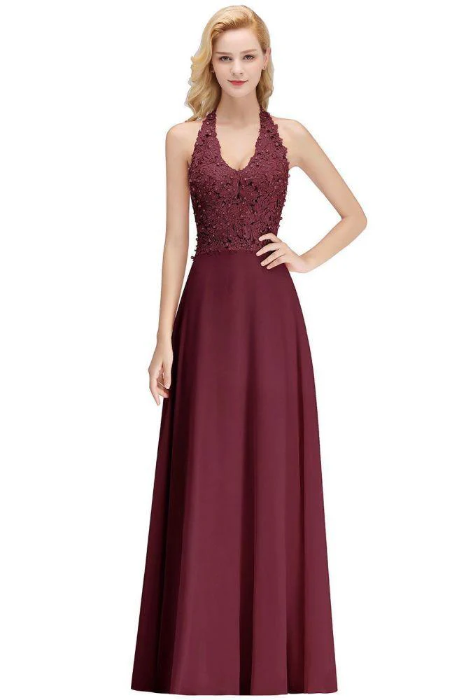 Halter Sleeveless Floral Appliques Evening Party Dress Aline Floor Length Bridesmaid Dress - Image 13