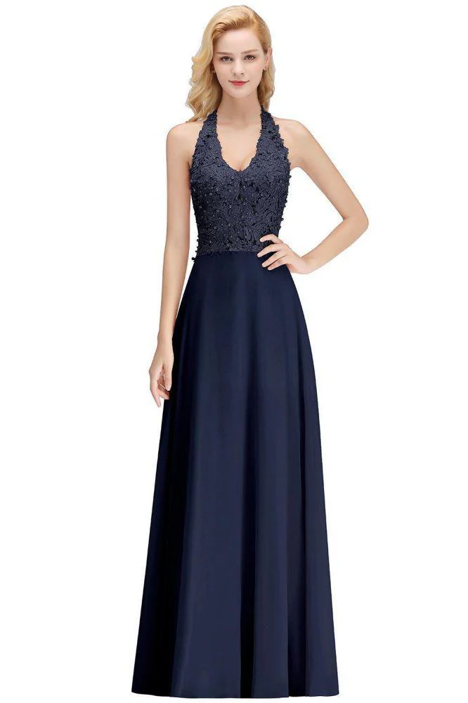 Halter Sleeveless Floral Appliques Evening Party Dress Aline Floor Length Bridesmaid Dress - Image 14